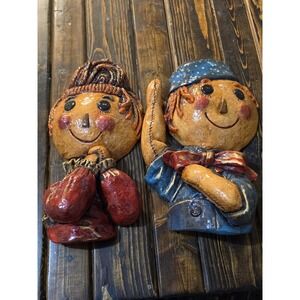 Vintage Pair Raggedy Ann and Andy Face Chalkware Plaster Wall Decor Plaques
